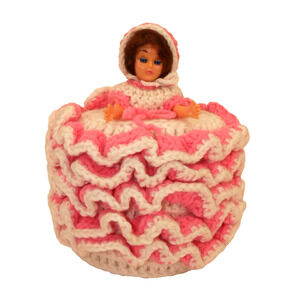 VTG Rubber Band Doll Knitted Dress Toilet Tissue Holder Paper Cover Pink Kitsch